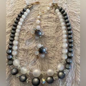 Vintage Double-Strand Necklace and Clip-On Earrings Set